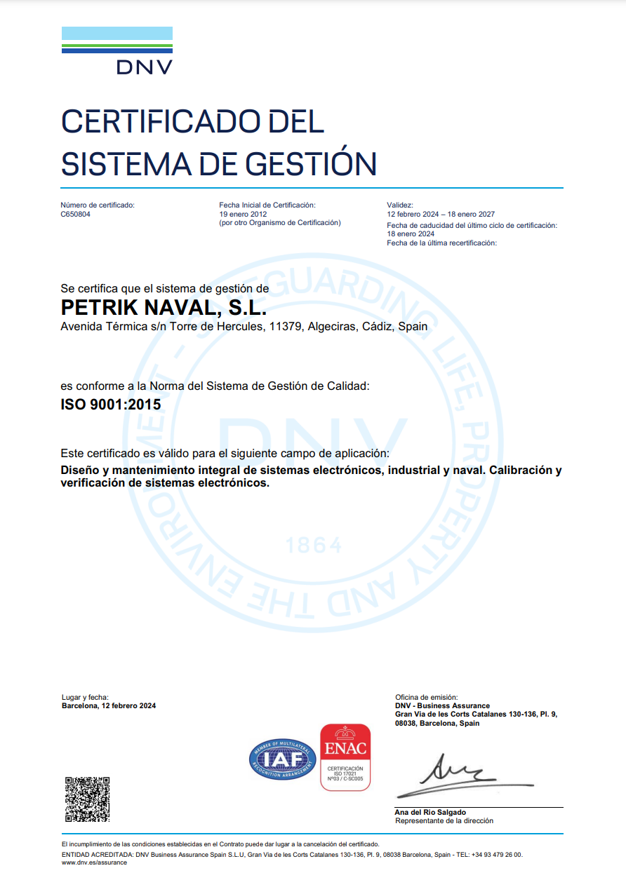 Petrik Naval – ISO 9001:2015 Alcance: Diseño, mantenimiento y calibración de sistemas electrónicos de automatización marina e industrial.