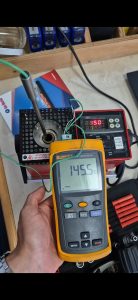 Temperature calibration verification using an AMETEK MTC 650A dry block calibrator and Fluke reference thermometer, performed onboard using national metrology traceable pattern equipment in Spain including Algeciras, Gibraltar, Huelva, Cartagena, Barcelona, and Bilbao.