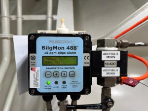 Poseidon BilgMon 488 15 ppm bilge alarm installed onboard showing active status during calibration and functional testing service in Spain including Algeciras, Gibraltar, Huelva, Cartagena, Barcelona, and Bilbao.