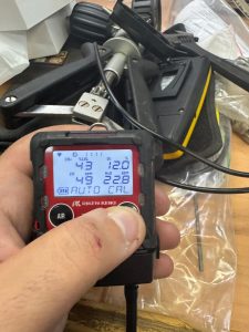 RKI Riken Keiki GX 3R portable gas detector in auto calibration mode during OEM approved calibration and sensor verification service in Spain including Algeciras, Gibraltar, Huelva, Cartagena, Barcelona, and Bilbao.