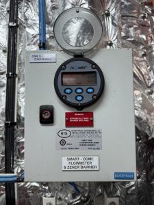 Rivertrace SMART ODME flowmeter with Flomec digital display and zener barrier installed on board tanker ship for IMO compliant calibration and annual survey.