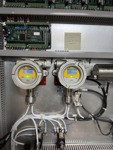 Salwico Buveco ST-450 fixed gas detection panel with H2S and O2 sensors showing live readings during onboard calibration service.