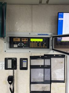 Marine gas sampling system control panel showing flow fault alarms during onboard troubleshooting and system service.